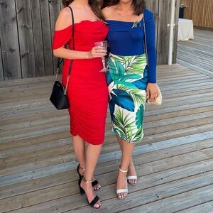 JOYFUNEAR Red Off The Shoulder Ruched Bodycon Dress